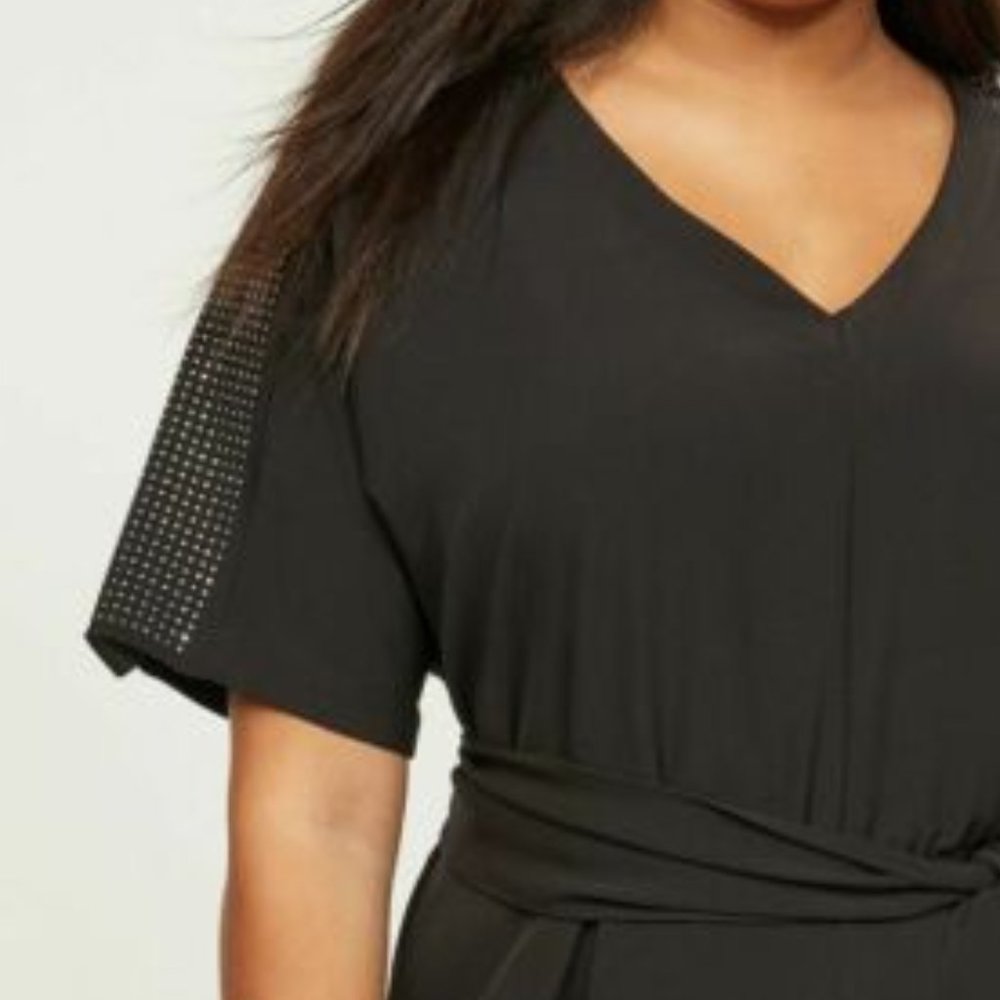 Jumpsuit 16  Black Studded Sleeves Crepe Pants 1 Piece Romper Stretch Plus NWT - Picture 5 of 5